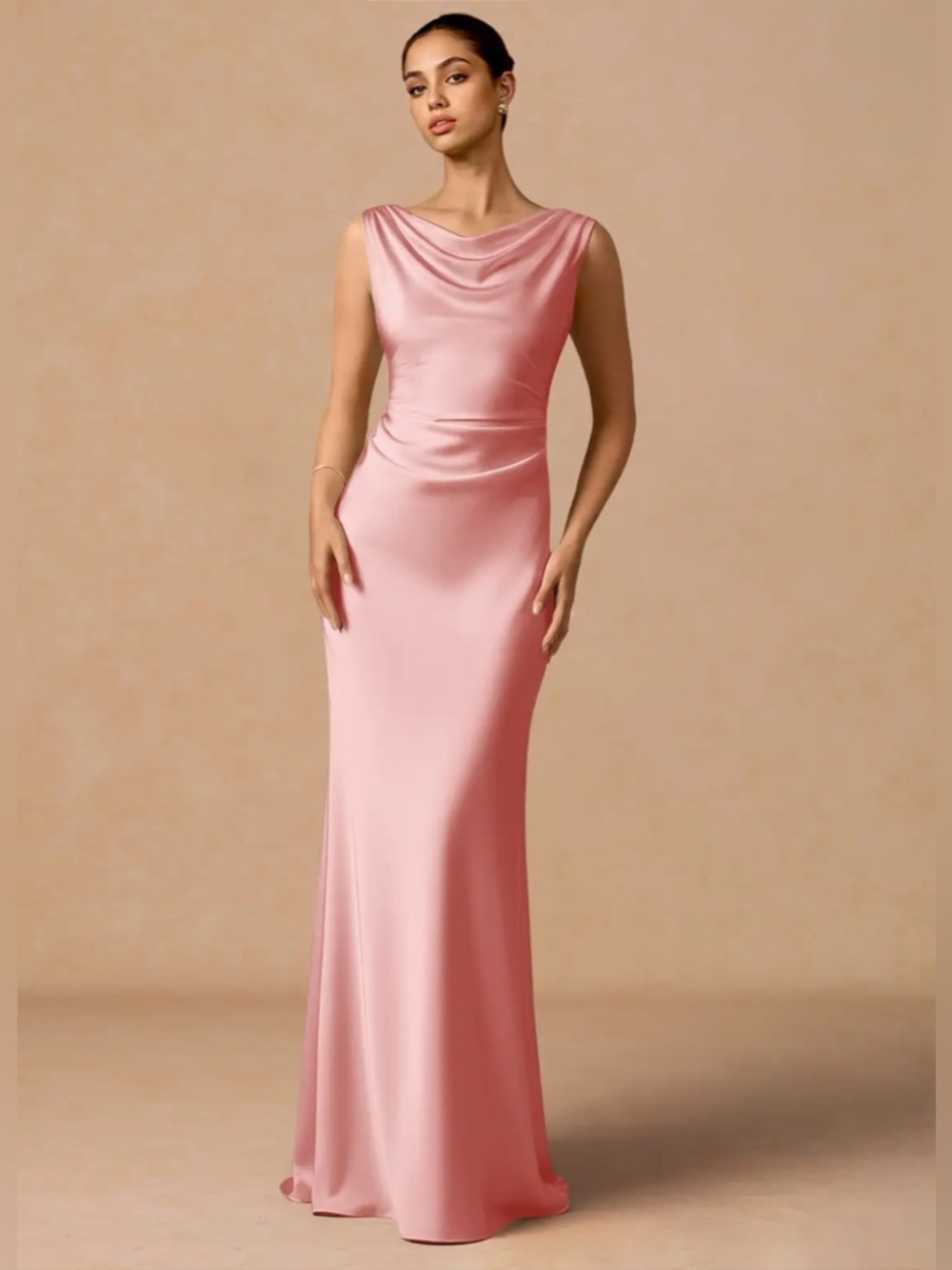Azazie Pink Satin Cowl Neck Maxi Dress
